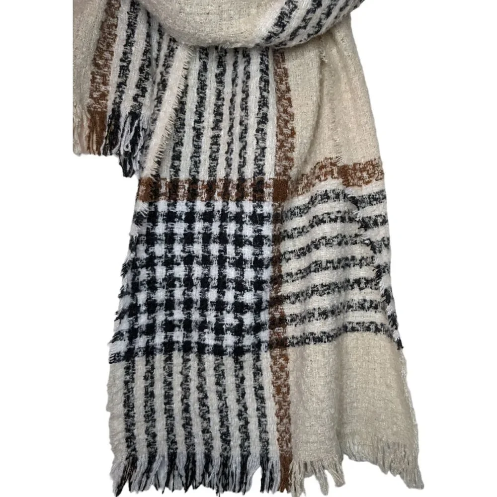 Unisex Soft Cream Fringe Striped Scarf